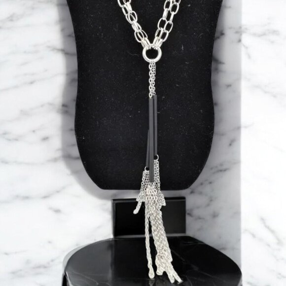 EUC Silver Tone & Black Necklace & Earring Set Large Link Chain - Picture 5 of 5